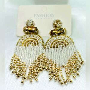 Bohemian beaded gold & white dangling earrings